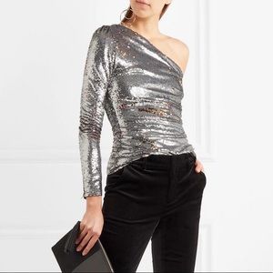 Maje Loinita Sequined One Shoulder Party New Year’s Top in Argent Metallic